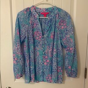 Lilly Pulitzer Blue Blouse with Mandarin Collar and Long Sleeves